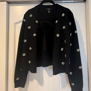 Aqua Black Jeweled Bow-Front Cardigan
